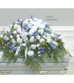 Blue and White Casket Spray(CROSS NOT INCLUDED)(Ctt53-11). An arrangement by Roma Flowers and Gifts.