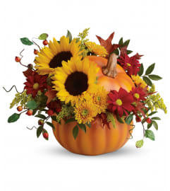The Pretty Pumpkin Bouquet (Teleflora). An arrangement by North Liberty Flower Shop.