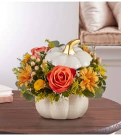 Country White Bumpkin Pumpkin. An arrangement by L and J Blooms.