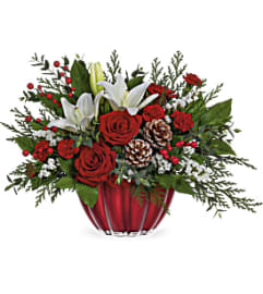 Vibrant Christmas Centerpiece. An arrangement by Jennifer's Flowers and Gifts.