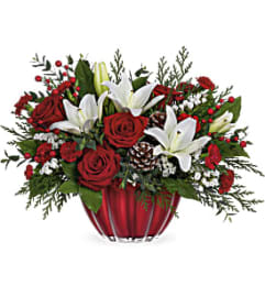 Vibrant Christmas Centerpiece. An arrangement by Jennifer's Flowers and Gifts. Vibrant Christmas Centerpiece. An arrangement by Jennifer's Flowers and Gifts.