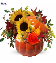 Country Pumpkin Floral Gift. An arrangement by Flowers by Peter.