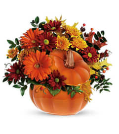 Country Pumpkin-Tele. An arrangement by Flowers by Peter.
