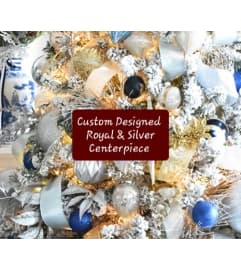 Custom Designed Royal and Sliver Theme Centerpiece. An arrangement by A Loving Touch Florist.