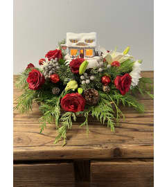 Thomas Kinkade Sweet Shoppe Centerpiece. An arrangement by Susana's Flowers.