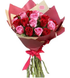 Pink and Red Roses Wrapped. An arrangement by Geni's Florist and Gifts.