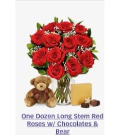 ONE DOZEN LONG STEM RED ROSES/ CHOCOLATES and BEAR. An arrangement by Butterflies Flower Shop.