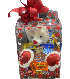 Gift Box Bear and Snacks. An arrangement by Betty's Flower Shop.