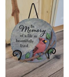 Garden Stone- In Memory with stand. An arrangement by The Flower Hut.