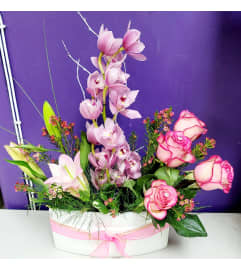 Designer's special orchids and roses. An arrangement by Rosebud Studio Florist. Designer's special orchids and roses. An arrangement by Rosebud Studio Florist.