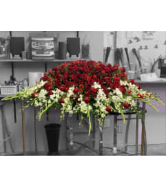 All red roses on white. An arrangement by Massey's House of Flowers.