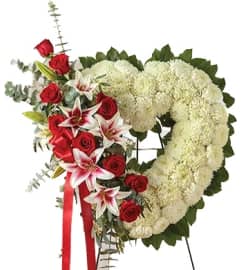 White Standing Heart Spray with Rose and Lily Break. An arrangement by Elegant Florist.