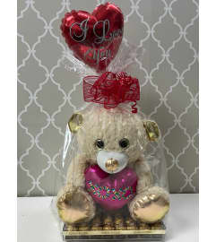 Beige Teddy with Pink Heart Combo. An arrangement by Shalimar Flower Shop.
