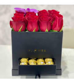 Roses and Chocolate Box. An arrangement by Cutler Bay Flowers Shop.
