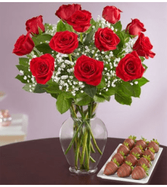 Missy's 1 Dz Long Stem Red Roses and 1Dz Chocolate Strawberries. An arrangement by County Line Rose Florist 2.