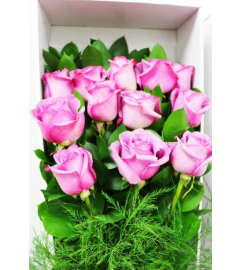 Purple Roses Boxed. An arrangement by Nicol Florist.