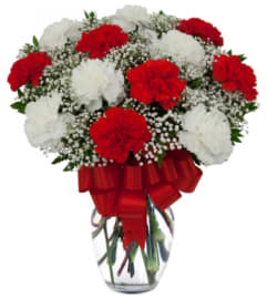 red and white carnations vased. An arrangement by Howard Beach Florist.