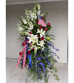 The Patriotic Standing Spray. An arrangement by Seasons Change Designs.
