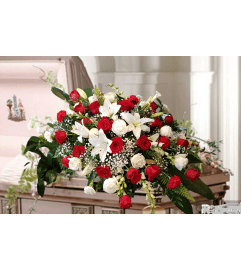 Classic Red and White Casket Spray. An arrangement by Loyalist Flowers.