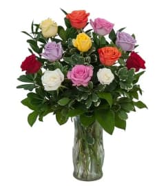 MIXED DOZEN ROSE VASE. An arrangement by Green Print Florist.
