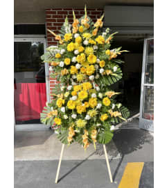 Double Sympathy Standing Spray w/ Banners - Yellow. An arrangement by Ginza Florist and Gift Shop.