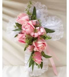 CROSS PINK BOUQUET. An arrangement by Conny's Flower Shop.