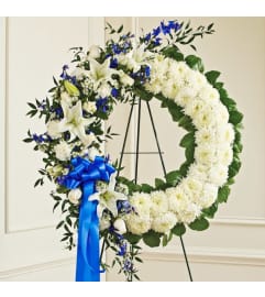 Garden Standing Wreath, White and Blue. An arrangement by Garden Florist.