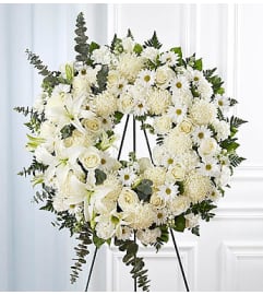 Garden Standing Wreath, All white. An arrangement by Garden Florist.