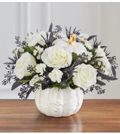 White Elegant Pumpkin. An arrangement by Brickell Exclusive Blooms.