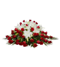 Red Roses and White Lillies casket spray 2023. An arrangement by Northwest Florist.