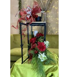 Festive Christmas Lantern. An arrangement by Fellows Fernlea Flowers.