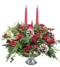 Winter Candles centerpiece. An arrangement by Azi Flowers.