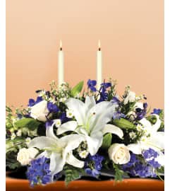 BLUEandWHITE CENTERPIECE. An arrangement by Howard Beach Florist.