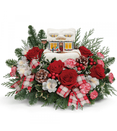 Thomas Kinkade Festive Fudge Shoppe. An arrangement by Margaret's Florist.