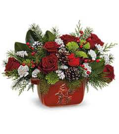cardinal stoneware. An arrangement by Big Event Floral and Decorating Co..