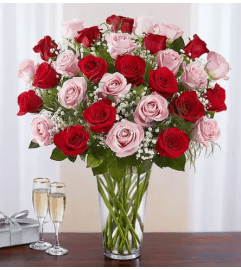 Ultimate Long Stem Pink and Red Roses. An arrangement by Garden Florist.