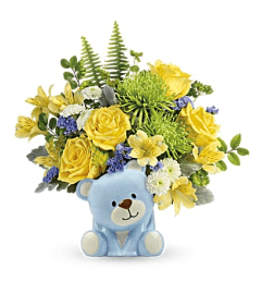Garden's Joyful Blue Bear Bouquet. An arrangement by Garden Florist.