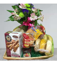 Bagels, Muffins and Buds Basket. An arrangement by Fink Flowers, Gifts and Flower Delivery.
