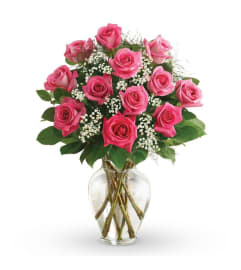 Dozen HOT Pink Roses in a Vase 2025. An arrangement by Northwest Florist.