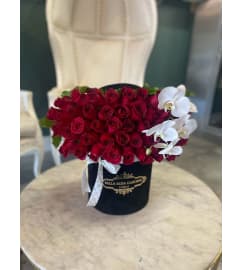50 RED ROSES WITH CASCADING ORCHID. An arrangement by BellaRosa Gardens.