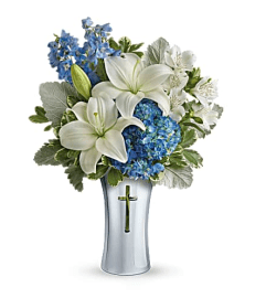 Garden's Skies Of Remembrance Bouquet. An arrangement by Garden Florist.