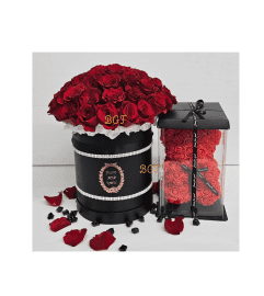 Red Rose box with Glamour Bear. An arrangement by Brickell Exclusive Blooms.