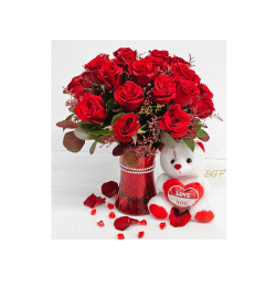 Two Dozen Rose with Bear. An arrangement by Brickell Exclusive Blooms.