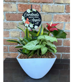 'By Design' Cardinals Appear When Angels are Near Planter. An arrangement by Flowers By Design.