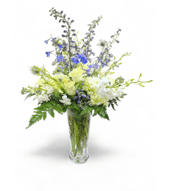 Sapphire Skies Vase. An arrangement by Appleblossoms.