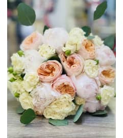 Garden roses and peonies handtied bridal bouquet. An arrangement by Floral Lady Design Studio LLC.