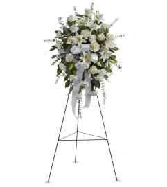 Peacefully White Collection Standing Spray. An arrangement by Bourbon Babes Bouquet and Boutique. Peacefully White Collection Standing Spray. An arrangement by Bourbon Babes Bouquet and Boutique.