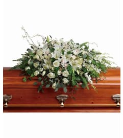 Peacefully White Collection Casket Spray. An arrangement by Bourbon Babes Bouquet and Boutique.