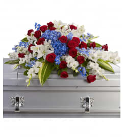 Red, White, and Blue Tribute Foot Spray. An arrangement by Bourbon Babes Bouquet and Boutique. Red, White, and Blue Tribute Foot Spray. An arrangement by Bourbon Babes Bouquet and Boutique.