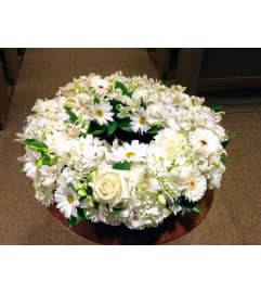 Baptismal BOY RING Wreath. An arrangement by Flowers by Priscilla. Baptismal BOY RING Wreath. An arrangement by Flowers by Priscilla.
